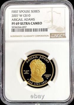 Translate this title in French: 2007 W GOLD $10 ABIGAIL ADAMS 1/2 oz PROOF SPOUSE COIN NGC PROOF 69 UC

2007 W OR $10 EN OR ABIGAIL ADAMS 1/2 oz PIÈCE ÉPREUVE CONJOINTE NGC ÉPREUVE 69 UC
