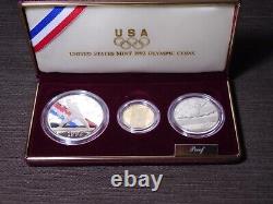 US Mint 1992 Jeux olympiques Ensemble de preuves de 3 pièces de monnaie de 5 $ en or et en argent de West Pt