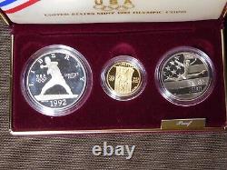 US Mint 1992 Jeux olympiques Ensemble de preuves de 3 pièces de monnaie de 5 $ en or et en argent de West Pt