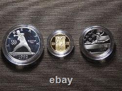 US Mint 1992 Jeux olympiques Ensemble de preuves de 3 pièces de monnaie de 5 $ en or et en argent de West Pt