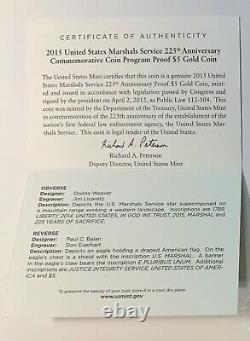 U. S. Marshals Service 225th Anniversary 2015 $5 Gold Proof Coin
