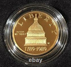 Us Gem Proof $5 Dollar Or 1989 W Congrès Commémoratif 1/4 Oz Coin Avec Box Coa