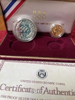 Us Mint 1988 Olympic Commemorative $5.00 Gold & Silver Dollar 2-coin Set